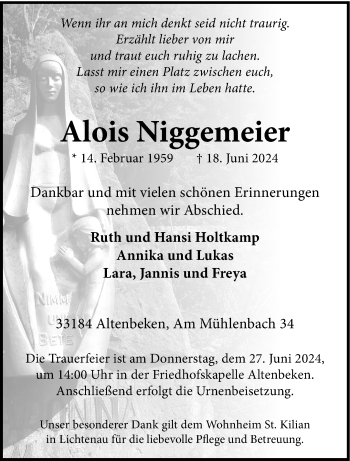 Traueranzeige von Alois Niggemeier von Westfalen Blatt