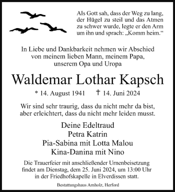 Traueranzeige von Waldemar Lothar Kapsch von Westfalen Blatt