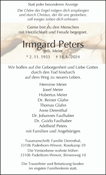 Traueranzeige von Irmgard Peters von Westfalen Blatt
