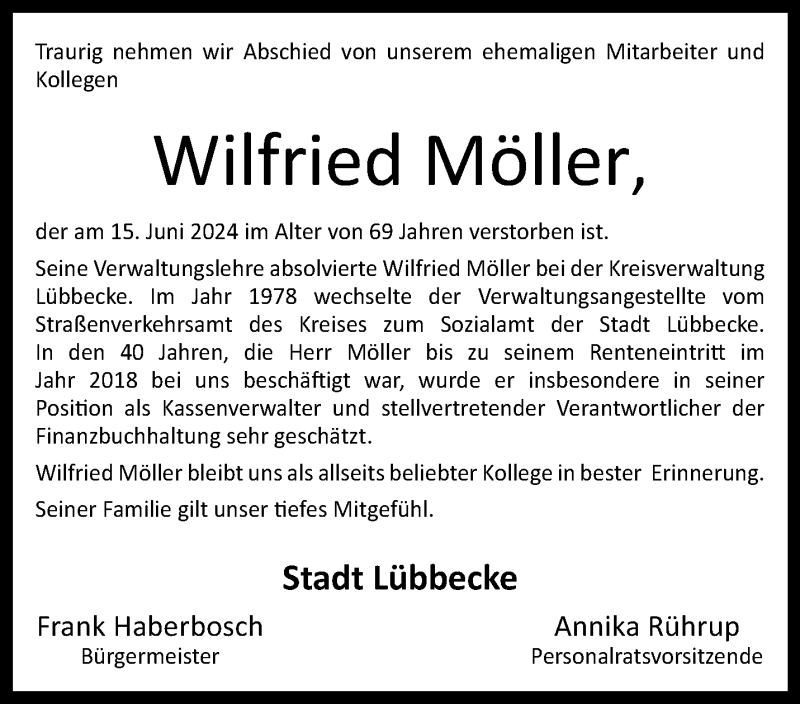  Traueranzeige für Wilfried Möller vom 21.06.2024 aus Westfalen Blatt