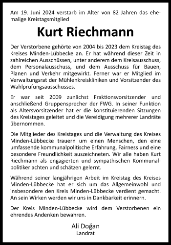 Traueranzeige von Kurt Riechmann von Westfalen Blatt