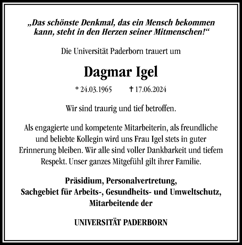  Traueranzeige für Dagmar Igel vom 29.06.2024 aus Westfalen Blatt