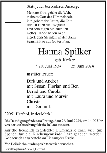 Traueranzeige von Hanna Spilker von Westfalen Blatt