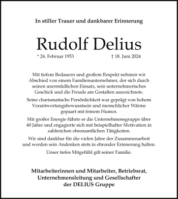 Traueranzeige von Rudolf Delius von Westfalen Blatt