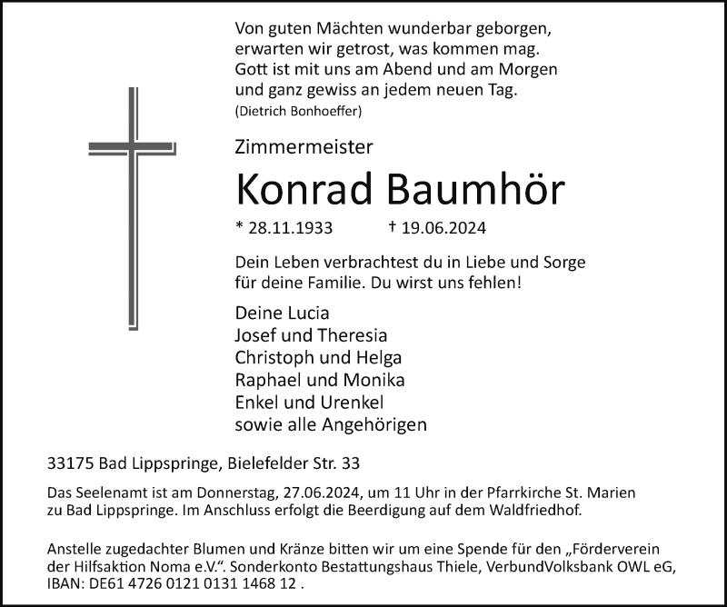  Traueranzeige für Konrad Baumhör vom 22.06.2024 aus Westfalen Blatt