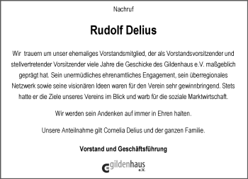 Traueranzeige von Rudolf Delius von Westfalen Blatt
