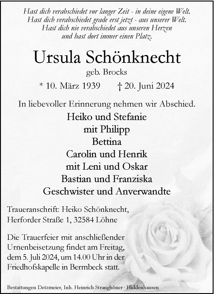  Traueranzeige für Ursula Schönknecht vom 29.06.2024 aus Westfalen Blatt