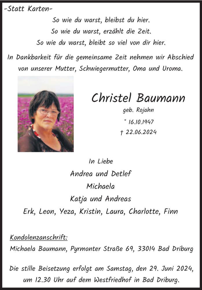  Traueranzeige für Christel Baumann vom 28.06.2024 aus Westfalen Blatt