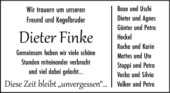 Traueranzeige von Dieter Finke von Westfalen Blatt