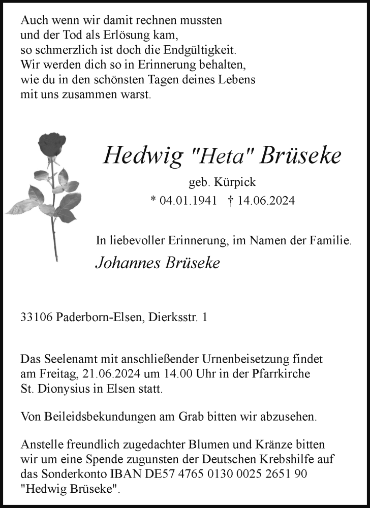 Traueranzeige für Hedwig Brüseke vom 19.06.2024 aus Westfalen Blatt