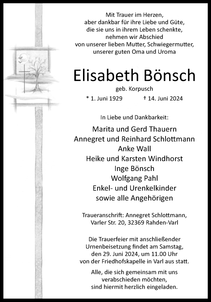  Traueranzeige für Elisabeth Bönsch vom 22.06.2024 aus Westfalen Blatt