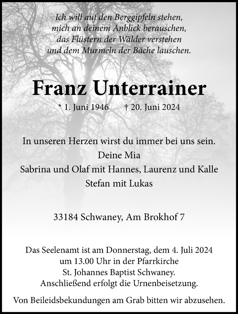  Traueranzeige für Franz Unterrainer vom 29.06.2024 aus Westfalen Blatt