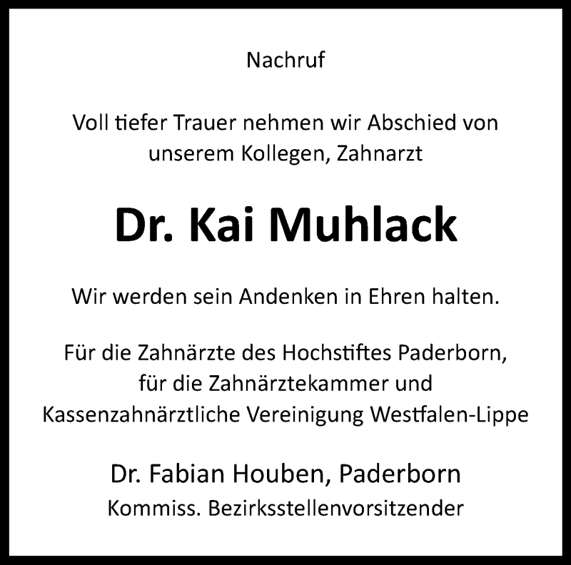  Traueranzeige für Dr. Kai Muhlack vom 15.06.2024 aus Westfalen Blatt