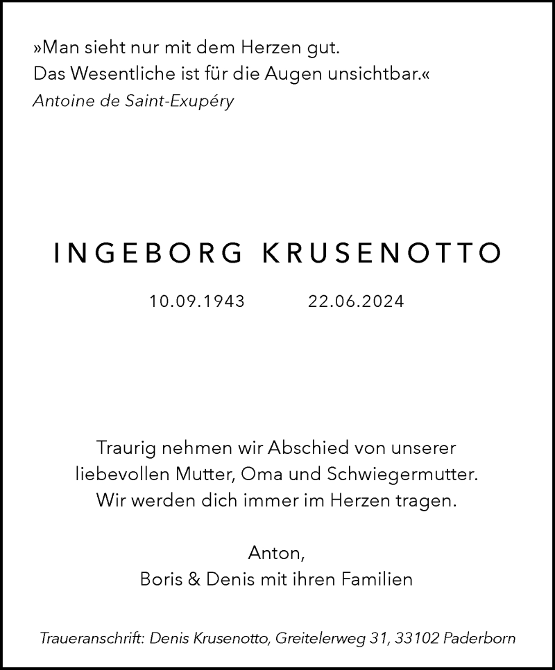  Traueranzeige für Ingeborg Krusenotto vom 29.06.2024 aus Westfalen Blatt