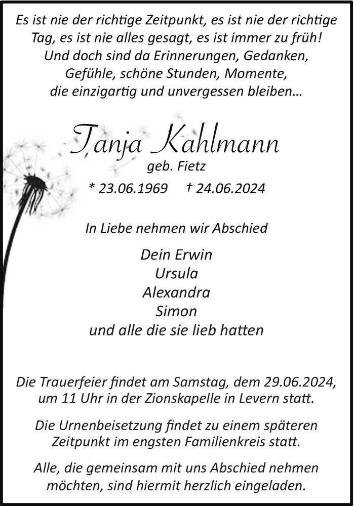  Traueranzeige für Tanja Kahlmann vom 27.06.2024 aus Westfalen Blatt