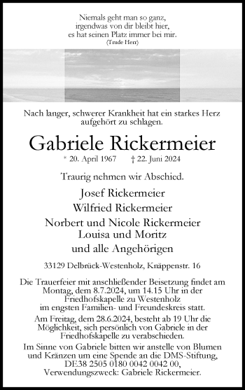 Traueranzeige von Gabriele Rickermeier von Westfalen Blatt