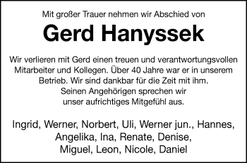 Traueranzeige von Gerd Hanyssek von Westfalen Blatt