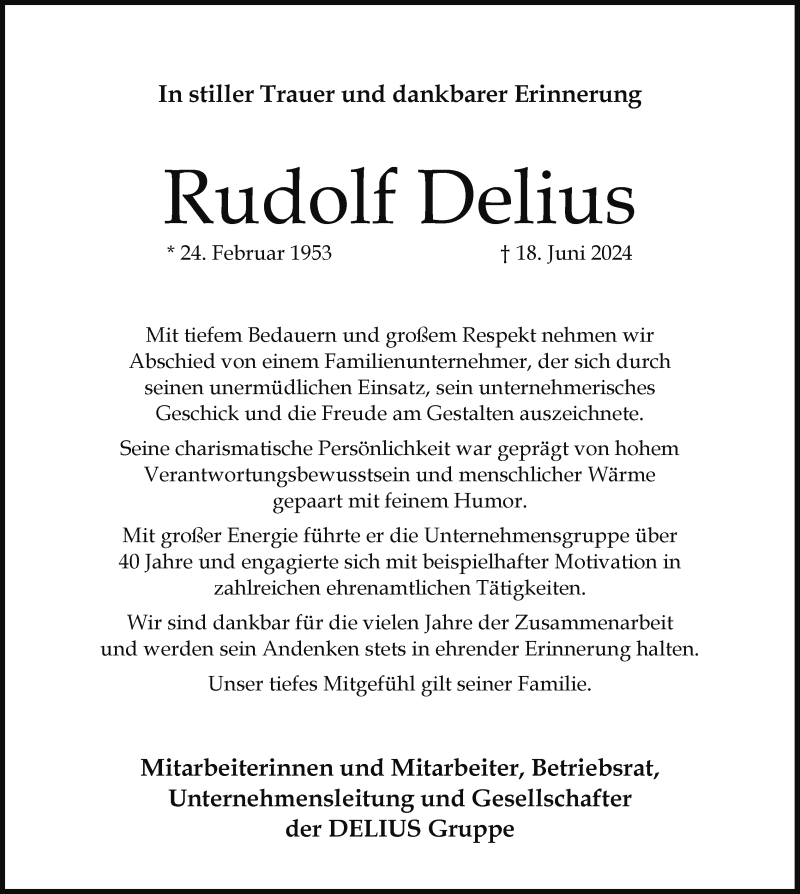  Traueranzeige für Rudolf Delius vom 22.06.2024 aus Westfalen Blatt