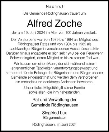 Traueranzeige von Alfred Zoche von Westfalen Blatt