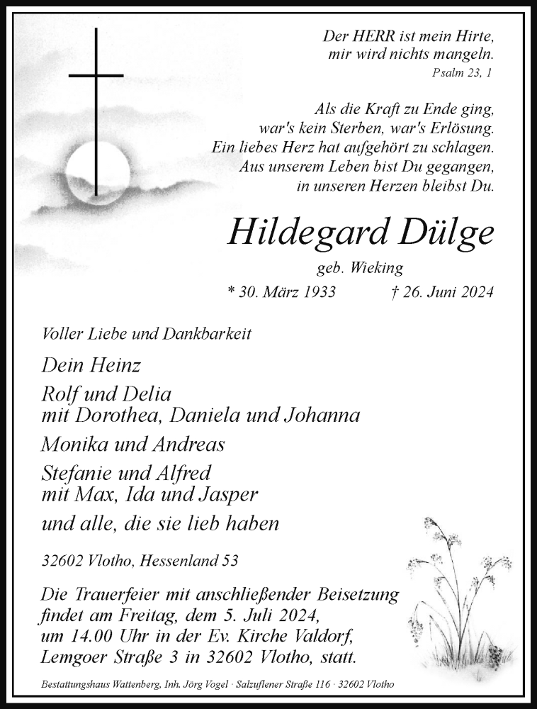  Traueranzeige für Hildegard Dülge vom 29.06.2024 aus Westfalen Blatt