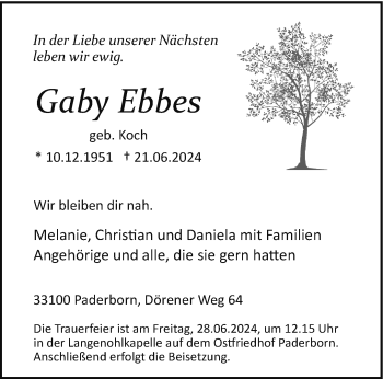 Traueranzeige von Gaby Ebbes von Westfalen Blatt
