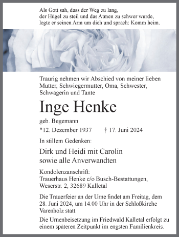 Traueranzeige von Inge Henke von Westfalen Blatt