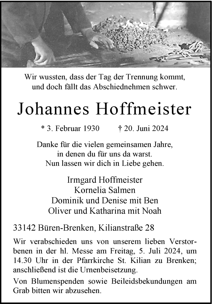  Traueranzeige für Johannes Hoffmeister vom 29.06.2024 aus Westfalen Blatt