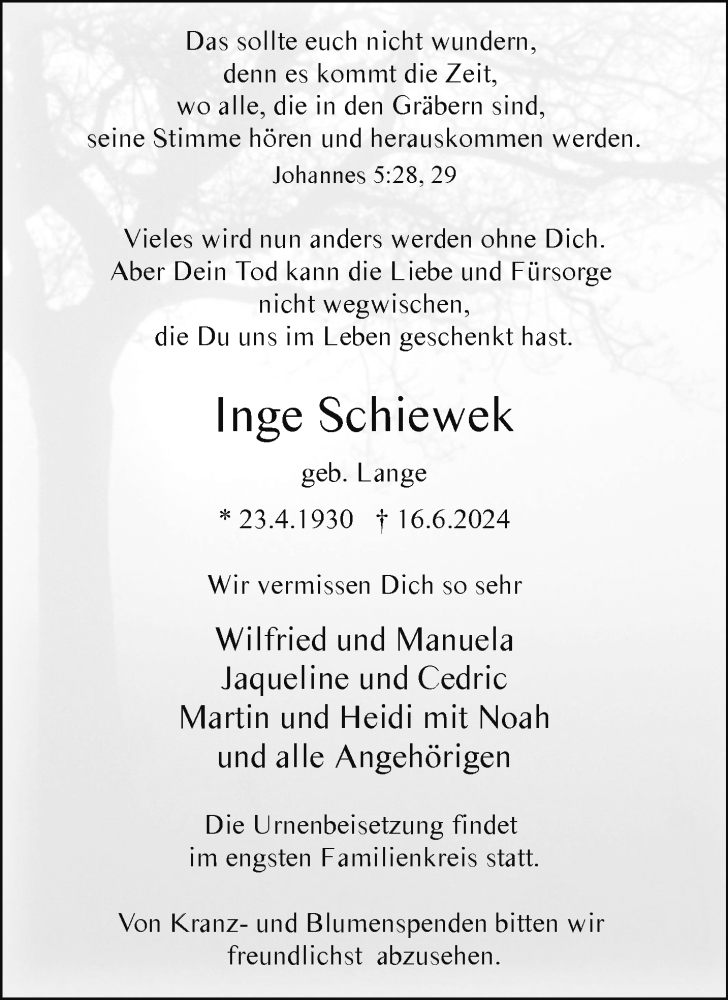  Traueranzeige für Inge Schiewek vom 22.06.2024 aus Westfalen Blatt