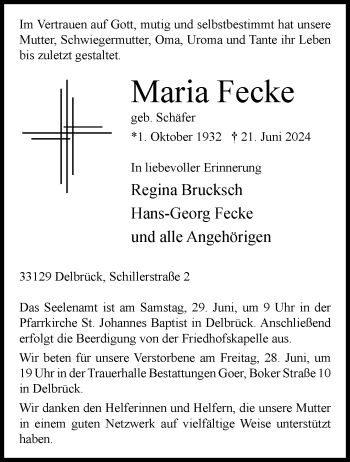 Traueranzeige von Maria Fecke von Westfalen Blatt
