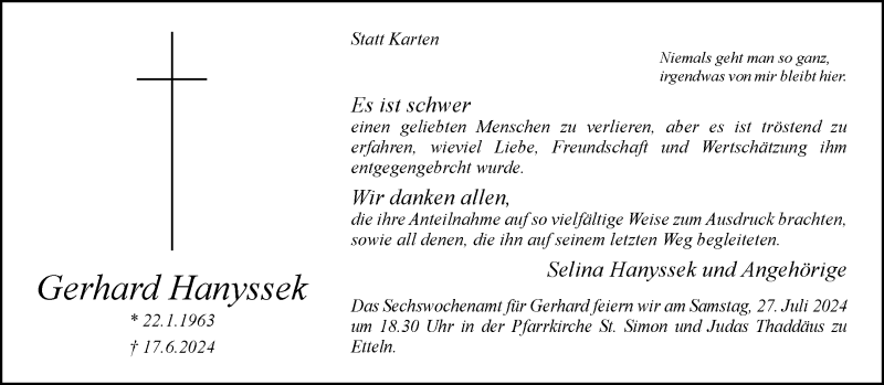  Traueranzeige für Gerhard Hanyssek vom 20.07.2024 aus Westfalen Blatt