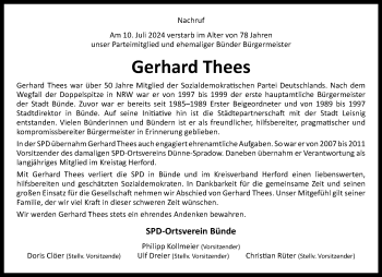 Traueranzeige von Gerhard Thees von Westfalen Blatt