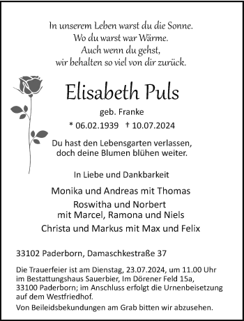 Traueranzeige von Elisabeth Puls von Westfalen Blatt