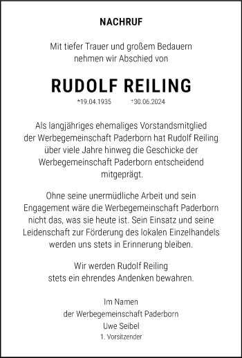 Traueranzeige von Rudolf Reiling von Westfalen Blatt