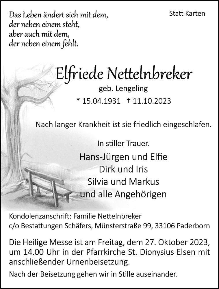  Traueranzeige für Elfriede Nettelnbreker vom 21.10.2023 aus Westfalen Blatt