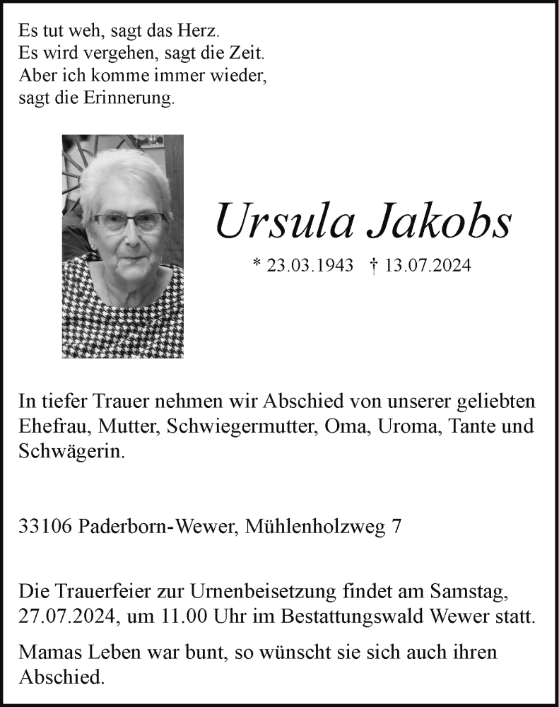  Traueranzeige für Ursula Jakobs vom 20.07.2024 aus Westfalen Blatt