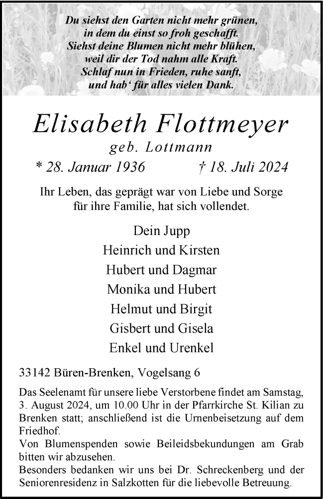  Traueranzeige für Elisabeth Flottmeyer vom 27.07.2024 aus Westfalen Blatt