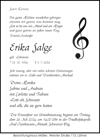 Traueranzeige von Erika Salge von Westfalen Blatt