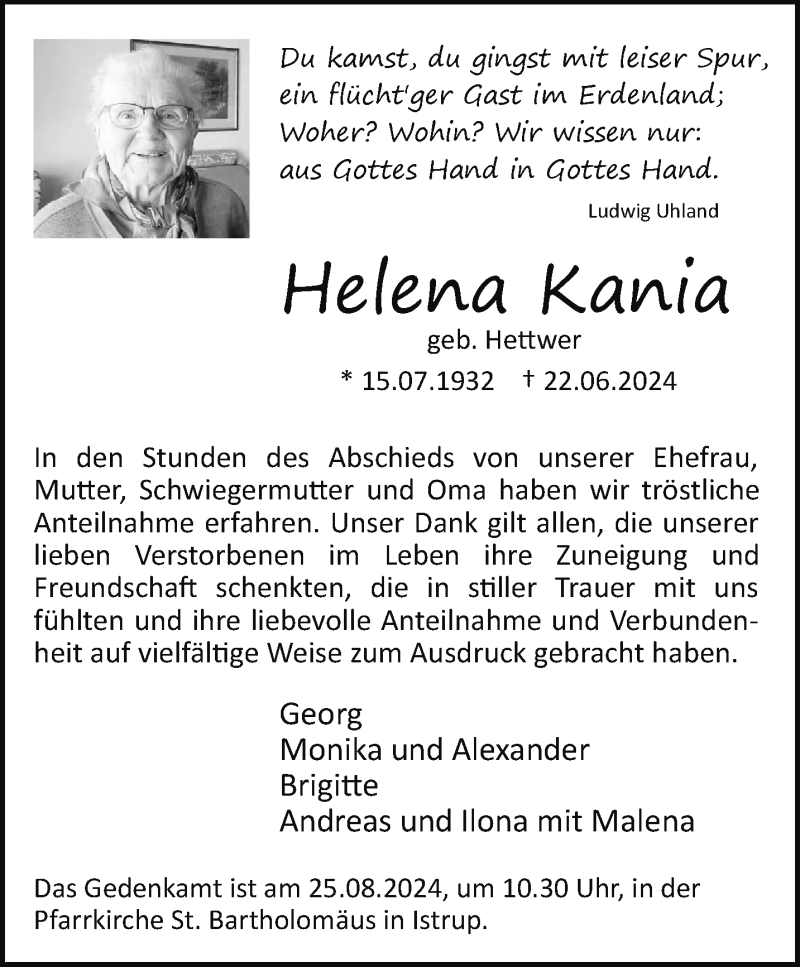 Traueranzeige für Helena Kania vom 13.07.2024 aus Westfalen Blatt