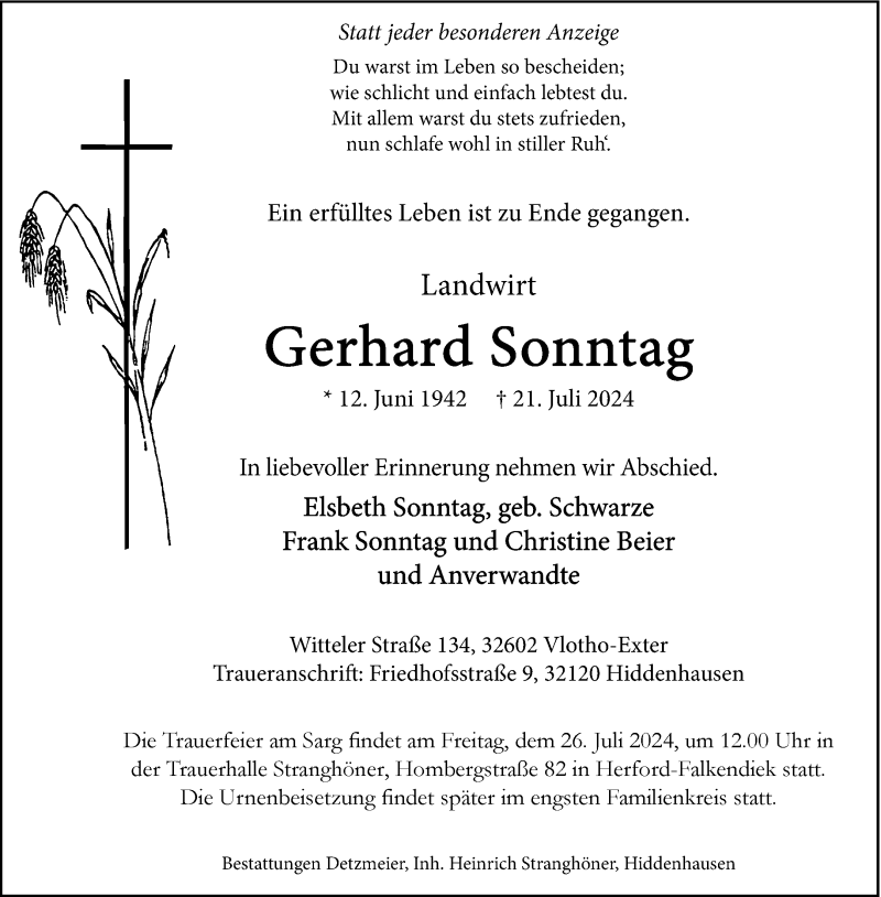  Traueranzeige für Gerhard Sonntag vom 24.07.2024 aus Westfalen Blatt