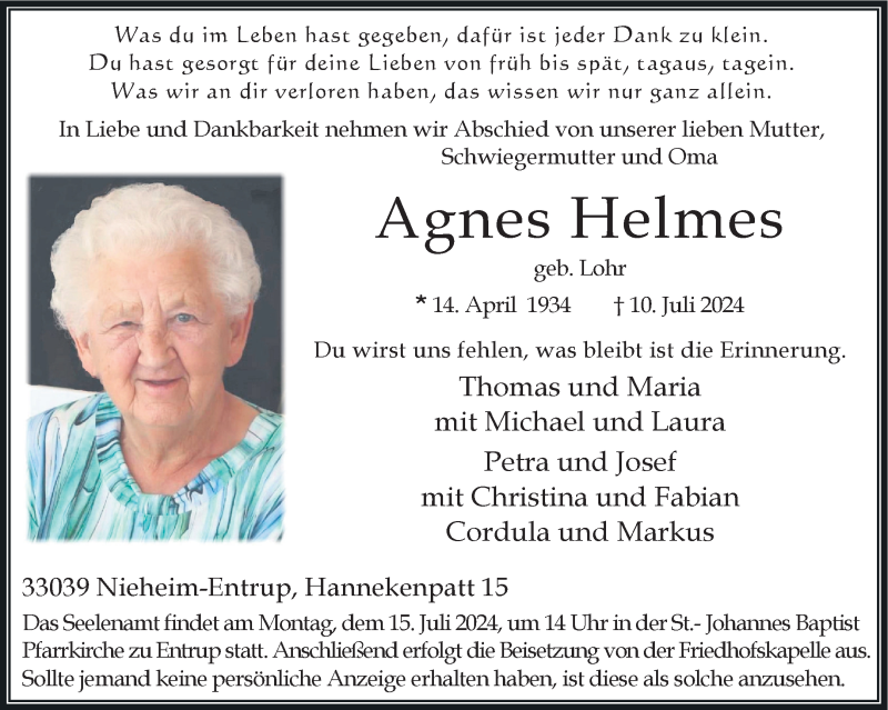  Traueranzeige für Agnes Helmes vom 13.07.2024 aus Westfalen Blatt
