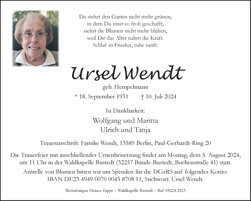  Traueranzeige für Ursel Wendt vom 27.07.2024 aus Westfalen Blatt