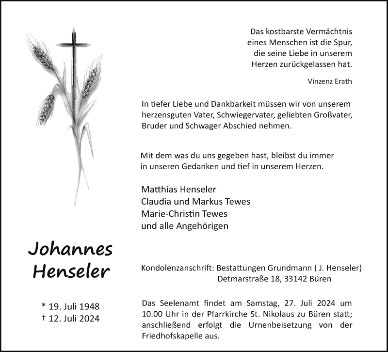  Traueranzeige für Johannes Henseler vom 20.07.2024 aus Westfalen Blatt