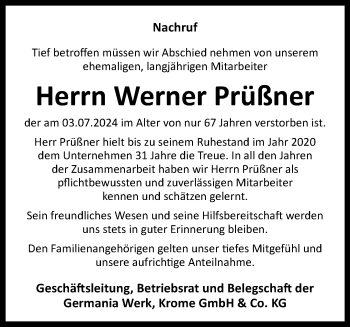 Traueranzeige von Werner Prüßner von Westfalen Blatt
