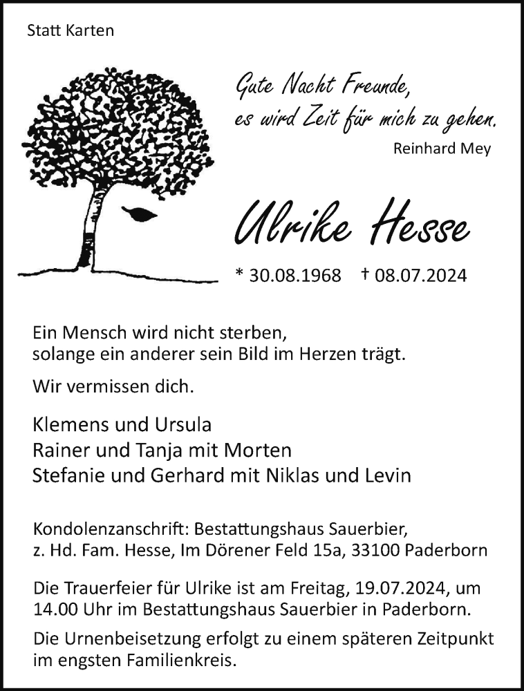  Traueranzeige für Ulrike Hesse vom 13.07.2024 aus Westfalen Blatt