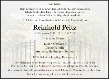 Traueranzeige von Reinhold Peitz von Westfalen Blatt