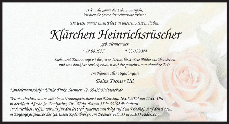  Traueranzeige für Klärchen Heinrichsrüscher vom 06.07.2024 aus Westfalen Blatt