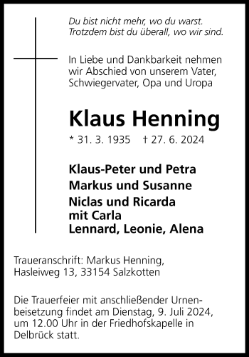 Traueranzeige von Klaus Henning von Westfalen Blatt