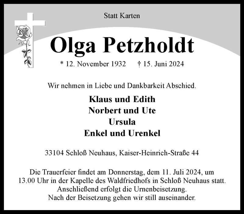  Traueranzeige für Olga Petzholdt vom 06.07.2024 aus Westfalen Blatt