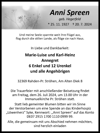 Traueranzeige von Anni Spreen von Westfalen Blatt