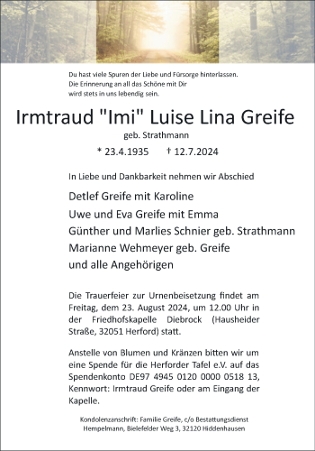 Traueranzeige von Irmtraud Luise Lina Greife von Westfalen Blatt